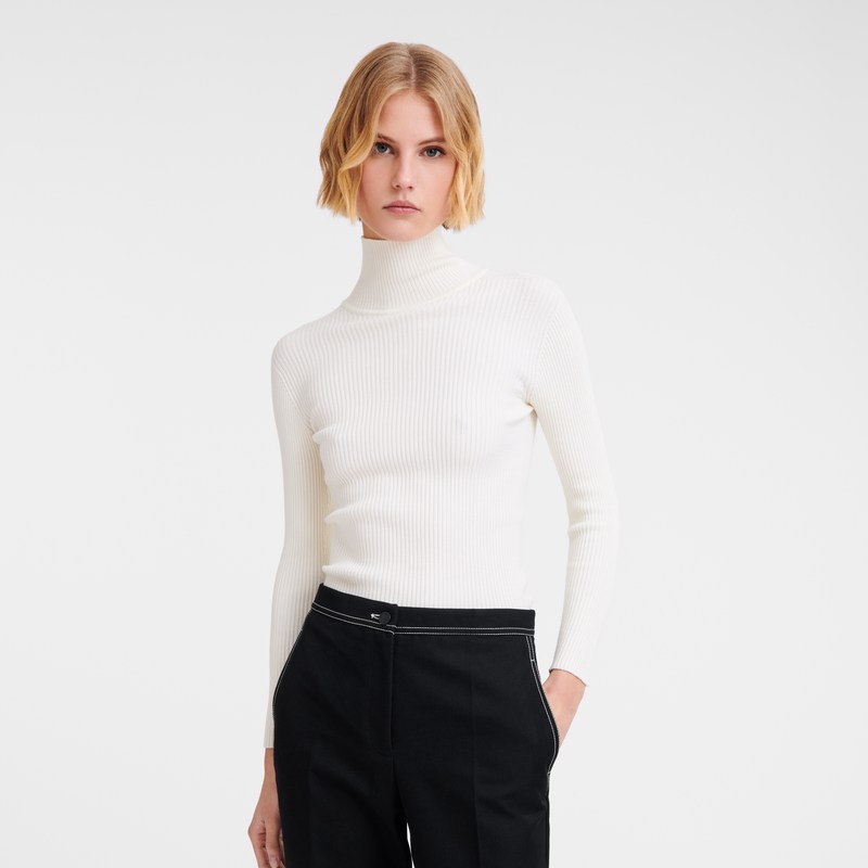 Longchamp High Collar Fitted Jumper Ecru | 7132XKRZQ