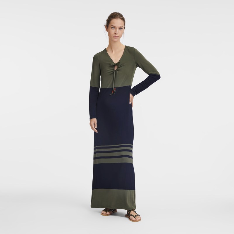 Longchamp Long Dress Navy Khaki | 8253RHTGM