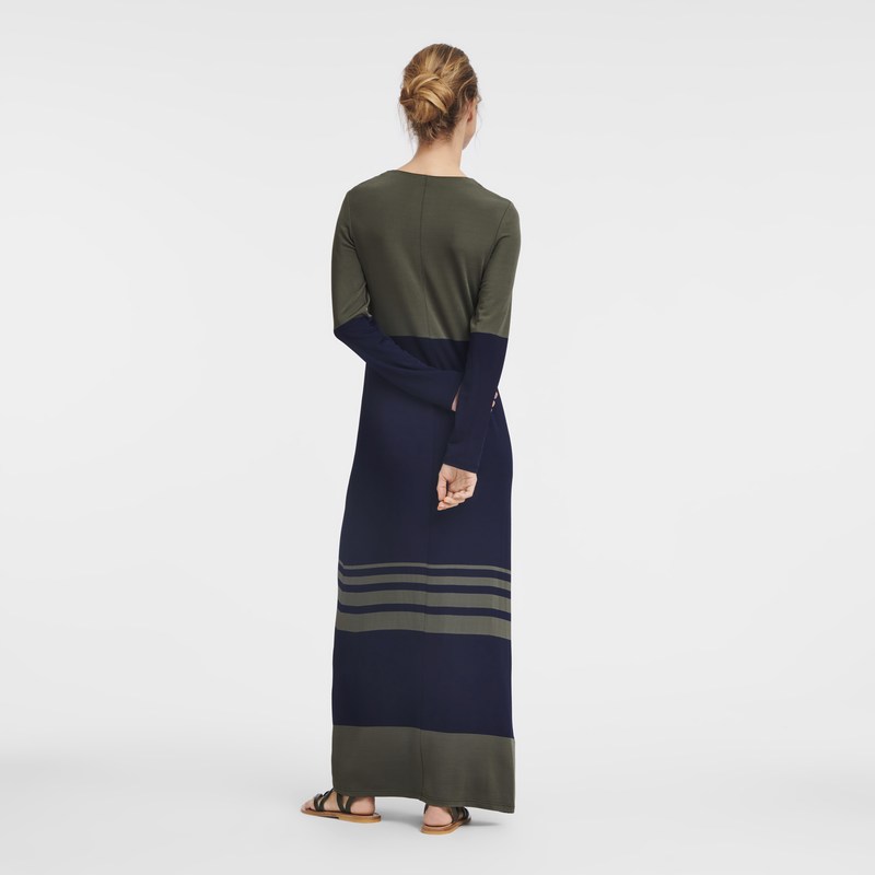 Longchamp Long Dress Navy Khaki | 8253RHTGM