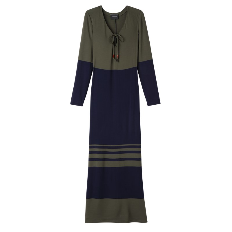 Longchamp Long Dress Navy Khaki | 8253RHTGM