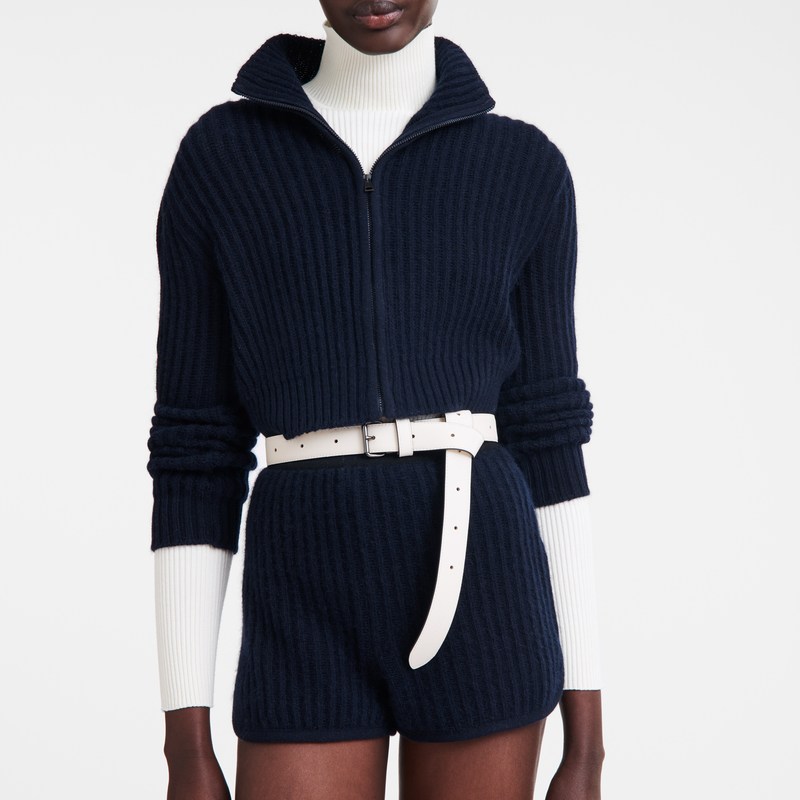 Longchamp Zip Collar Short Cardigan Navy | 1750FMRCN